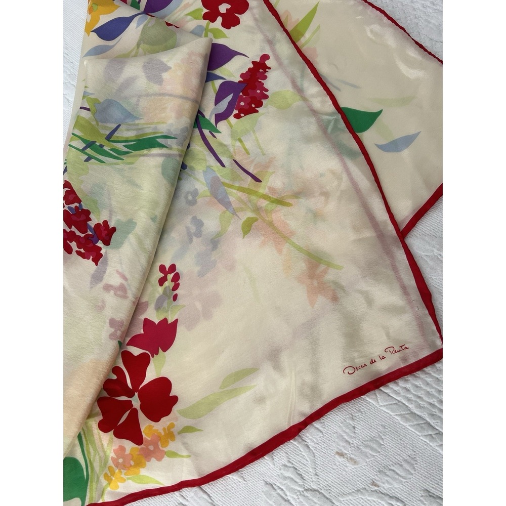 Oscar de la Renta 31" Square Silk Scarf Floral Multicolor Red Border Designer